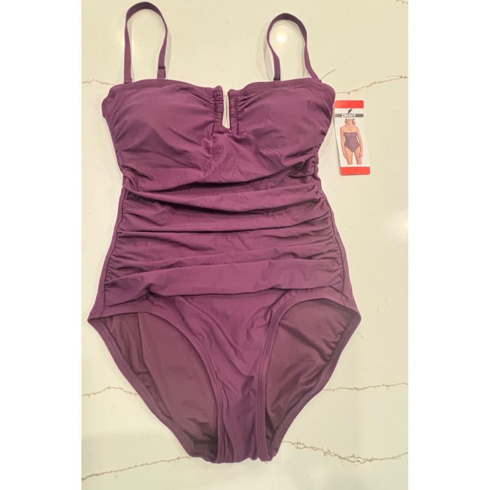 DKNY Medium One Piece Swimsuit Womens Purple Ruched Bandeau 1943727 - Picture 2 of 7